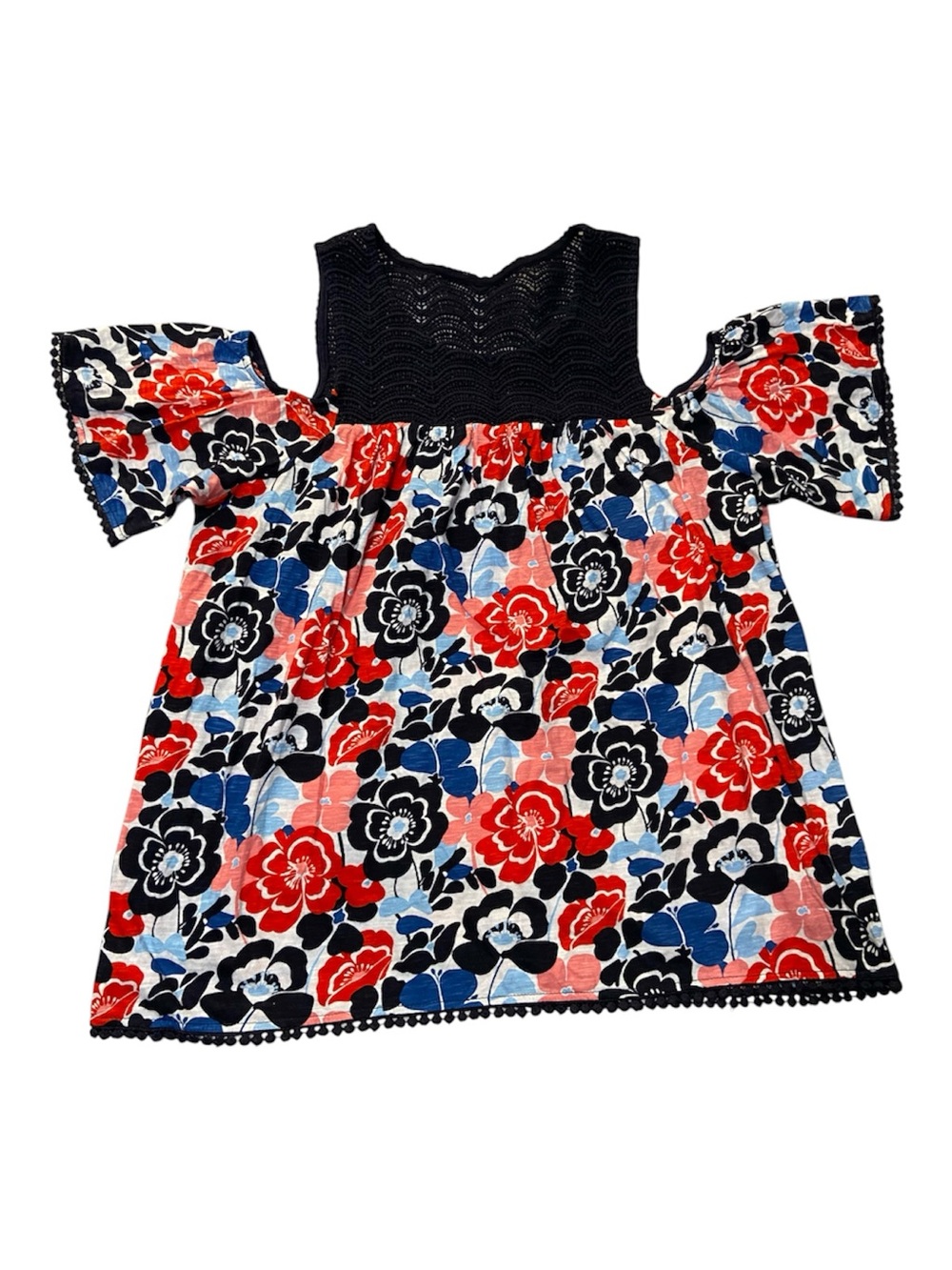 crown & ivy Navy Crochet Yoke Floral Top with Red Accents